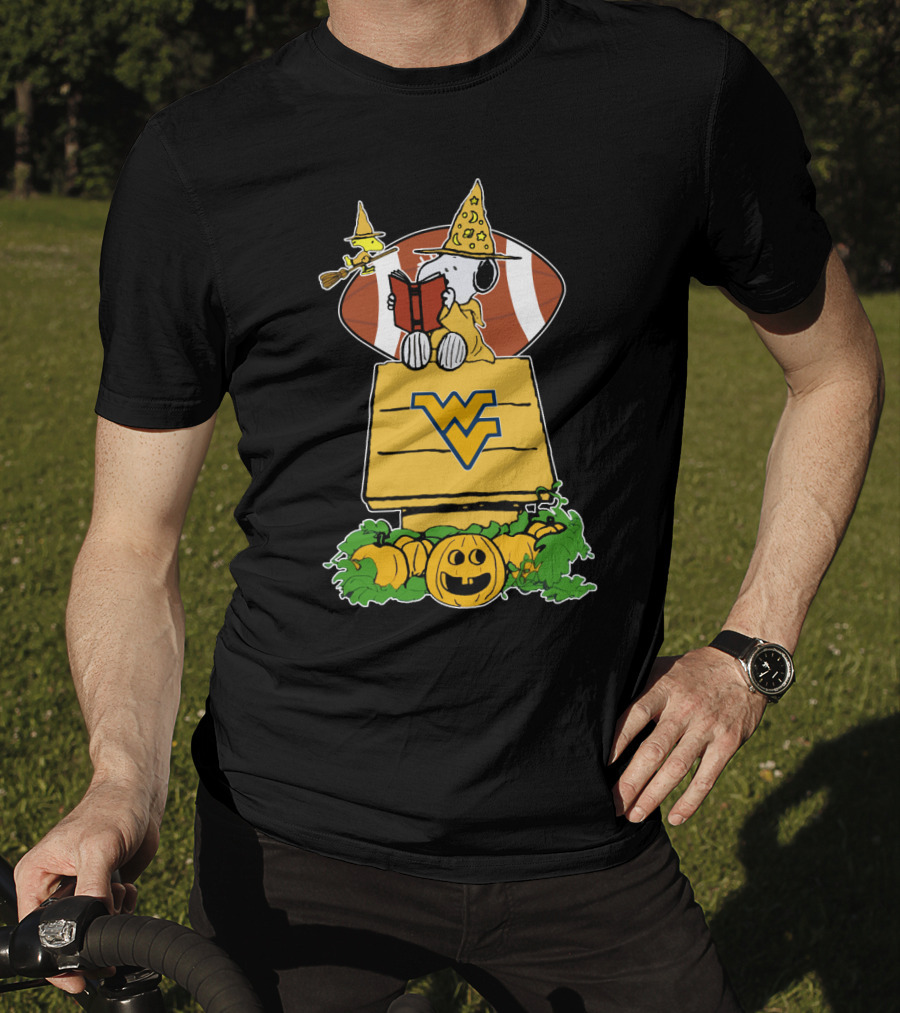 Snoopy Witch Reading On WVU Doghouse With Football And Pumpkins For Halloween T-Shirt