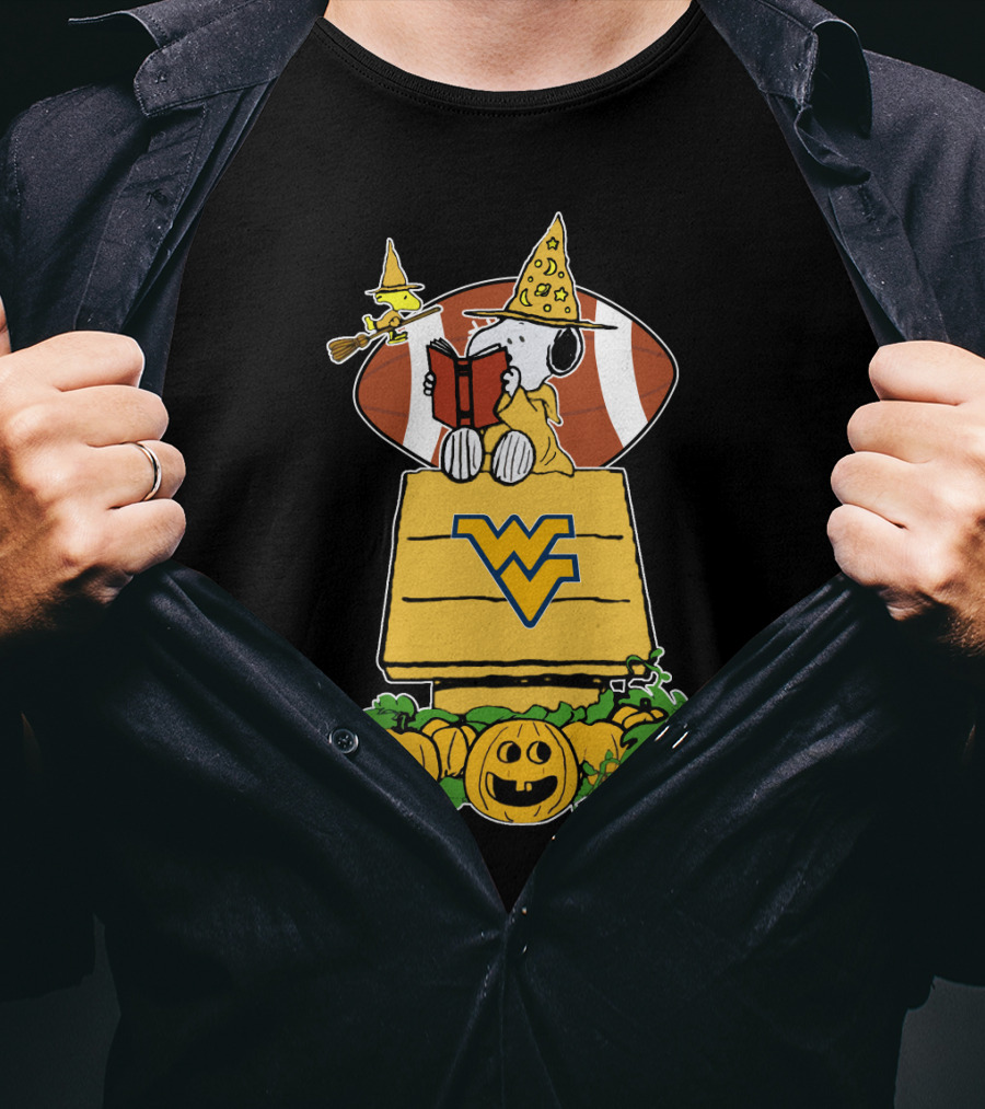 Snoopy Witch Reading On WVU Doghouse With Football And Pumpkins For Halloween T-Shirt