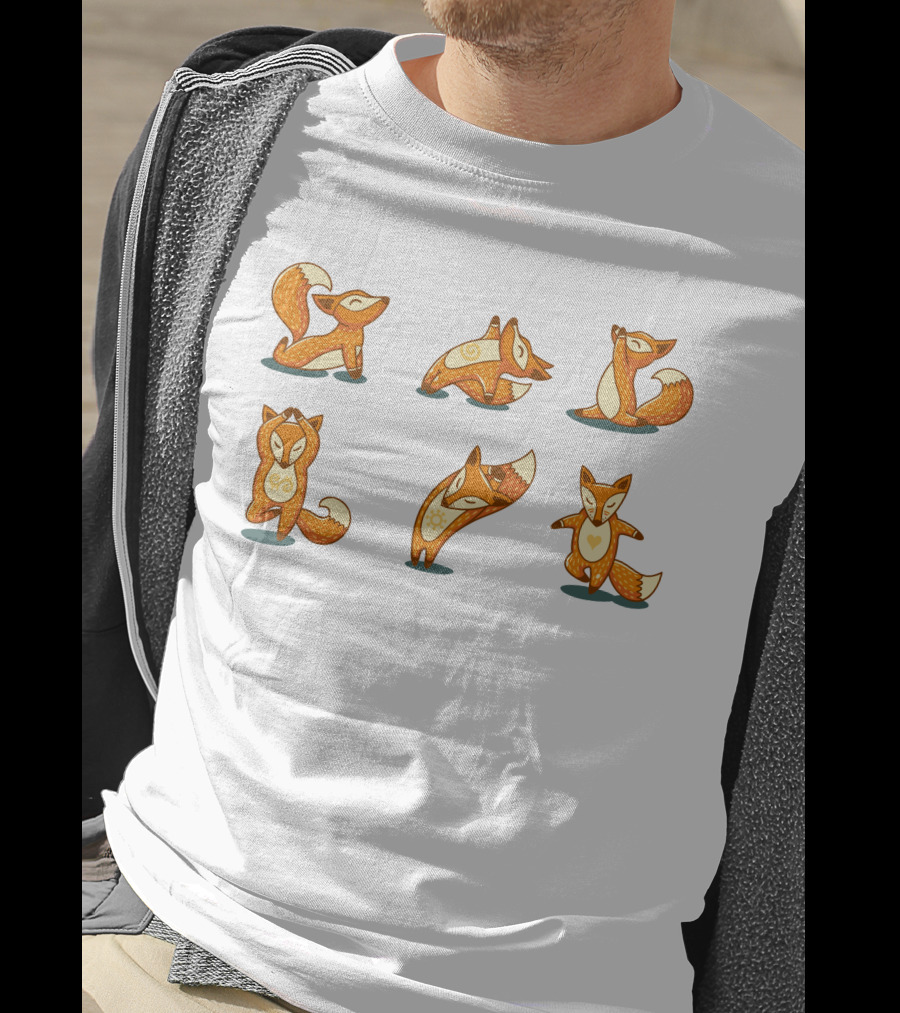 Fox Yoga Poses Playful Cartoon Style T-Shirt