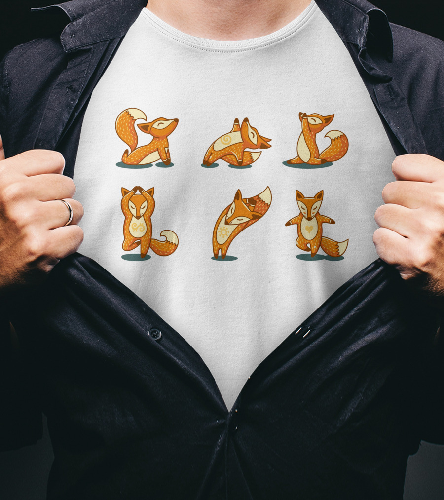 Fox Yoga Poses Playful Cartoon Style T-Shirt