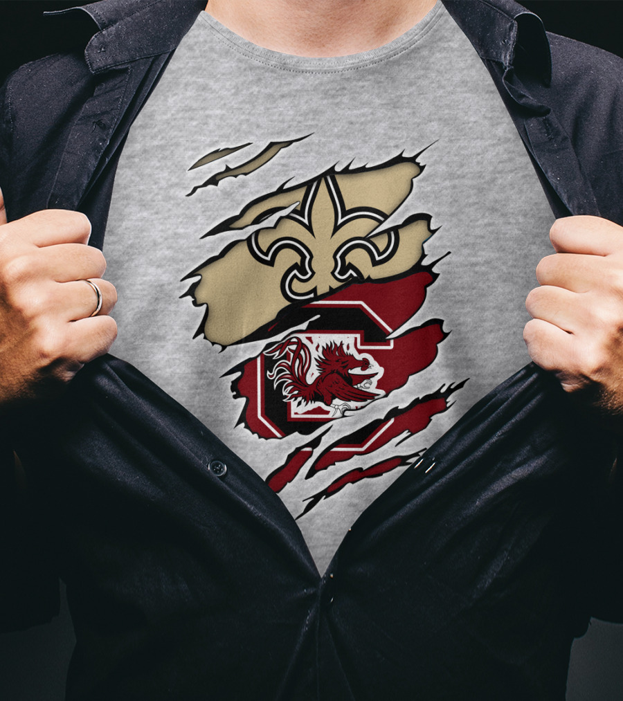 New Orleans Saints And South Carolina Gamecocks Logo Fusion T-Shirt