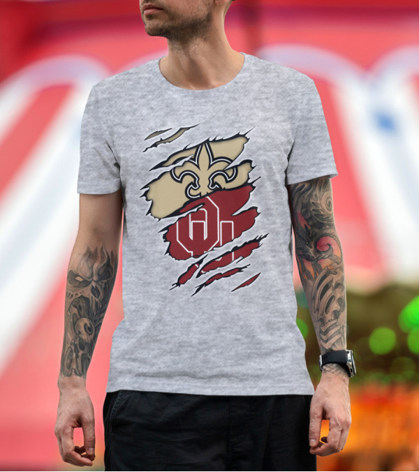 Premium T-Shirt: New Orleans Saints Oklahoma Sooners Torn Logo Fusion T-Shirt New Orleans Saints Oklahoma Sooners Torn Logo Fusion T-Shirt