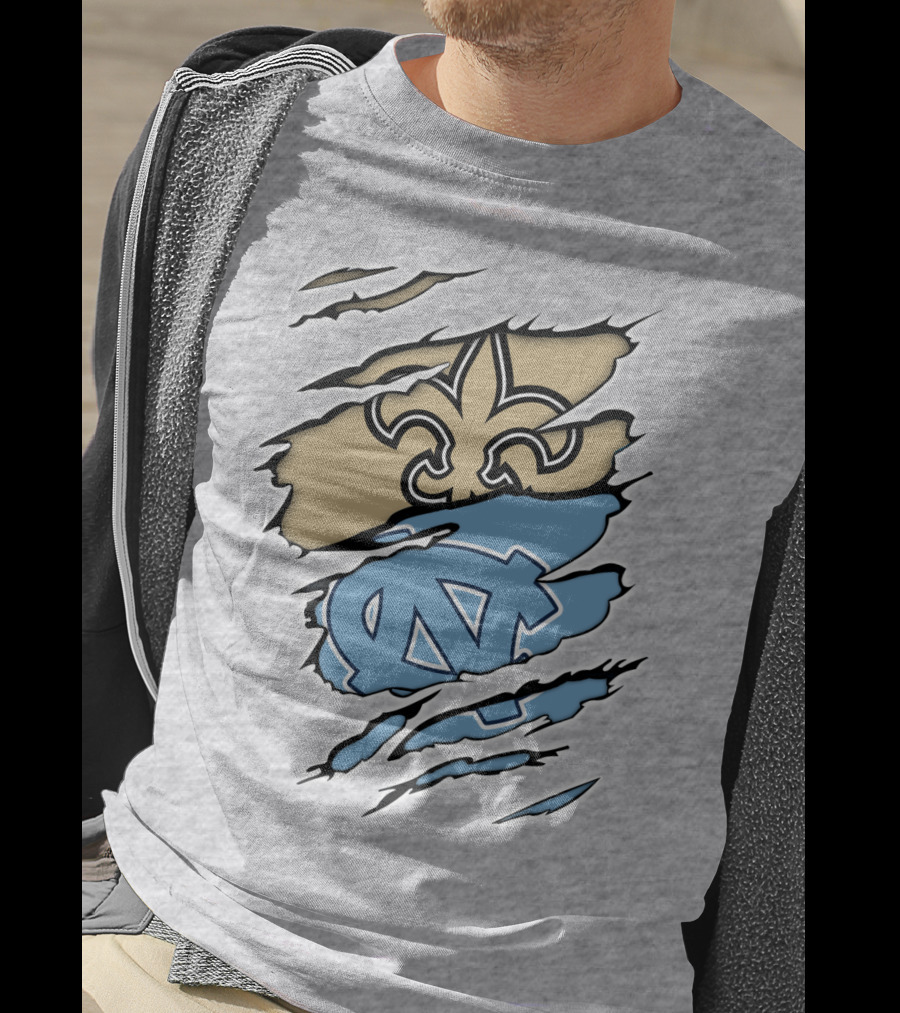 Saints Fleur-de-Lis And UNC Tar Heels NC Logo Fusion T-Shirt