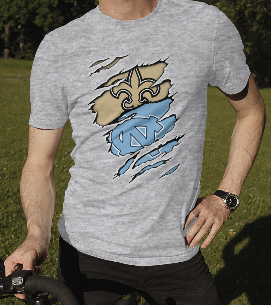 Saints Fleur-de-Lis And UNC Tar Heels NC Logo Fusion T-Shirt