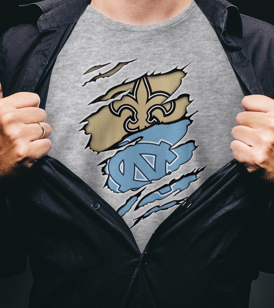 Saints Fleur-de-Lis And UNC Tar Heels NC Logo Fusion T-Shirt