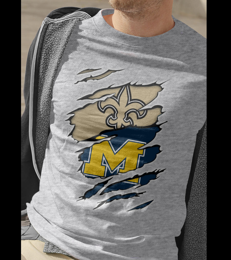New Orleans Saints Fleur-De-Lis And Michigan Wolverines M Logo Ripped T-Shirt