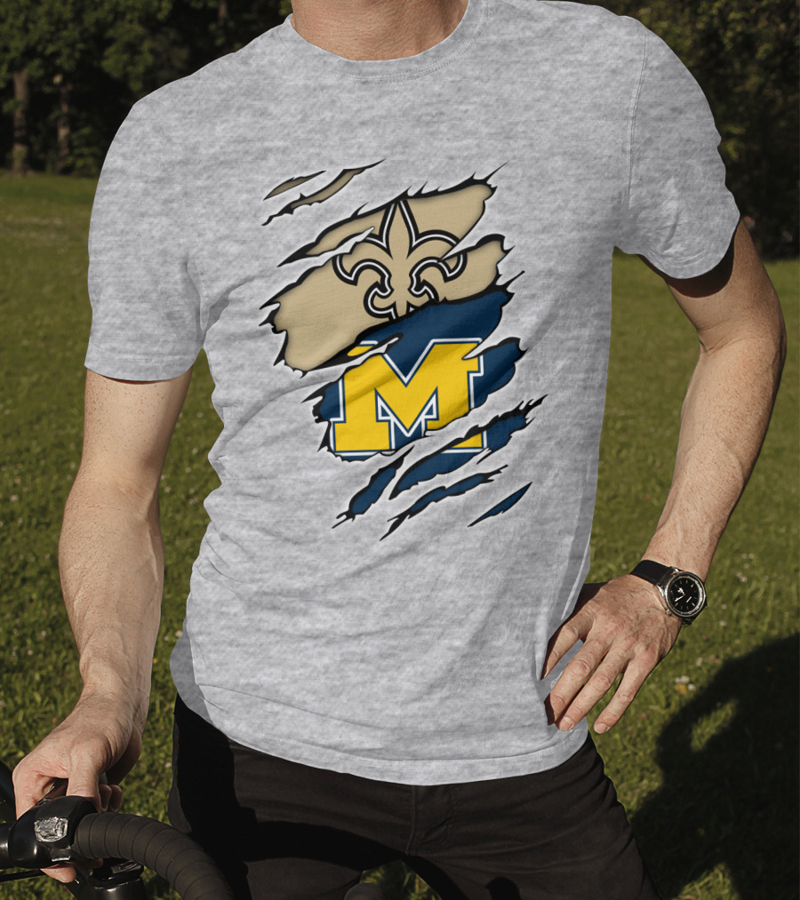 New Orleans Saints Fleur-De-Lis And Michigan Wolverines M Logo Ripped T-Shirt