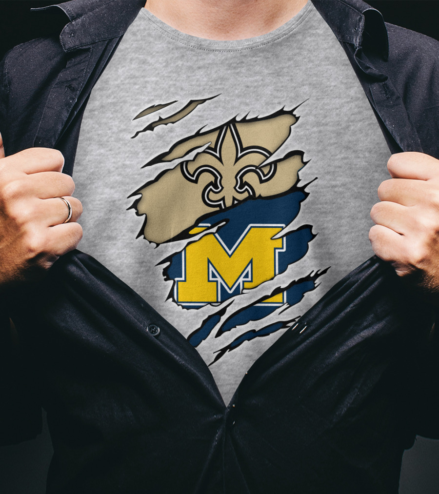 New Orleans Saints Fleur-De-Lis And Michigan Wolverines M Logo Ripped T-Shirt