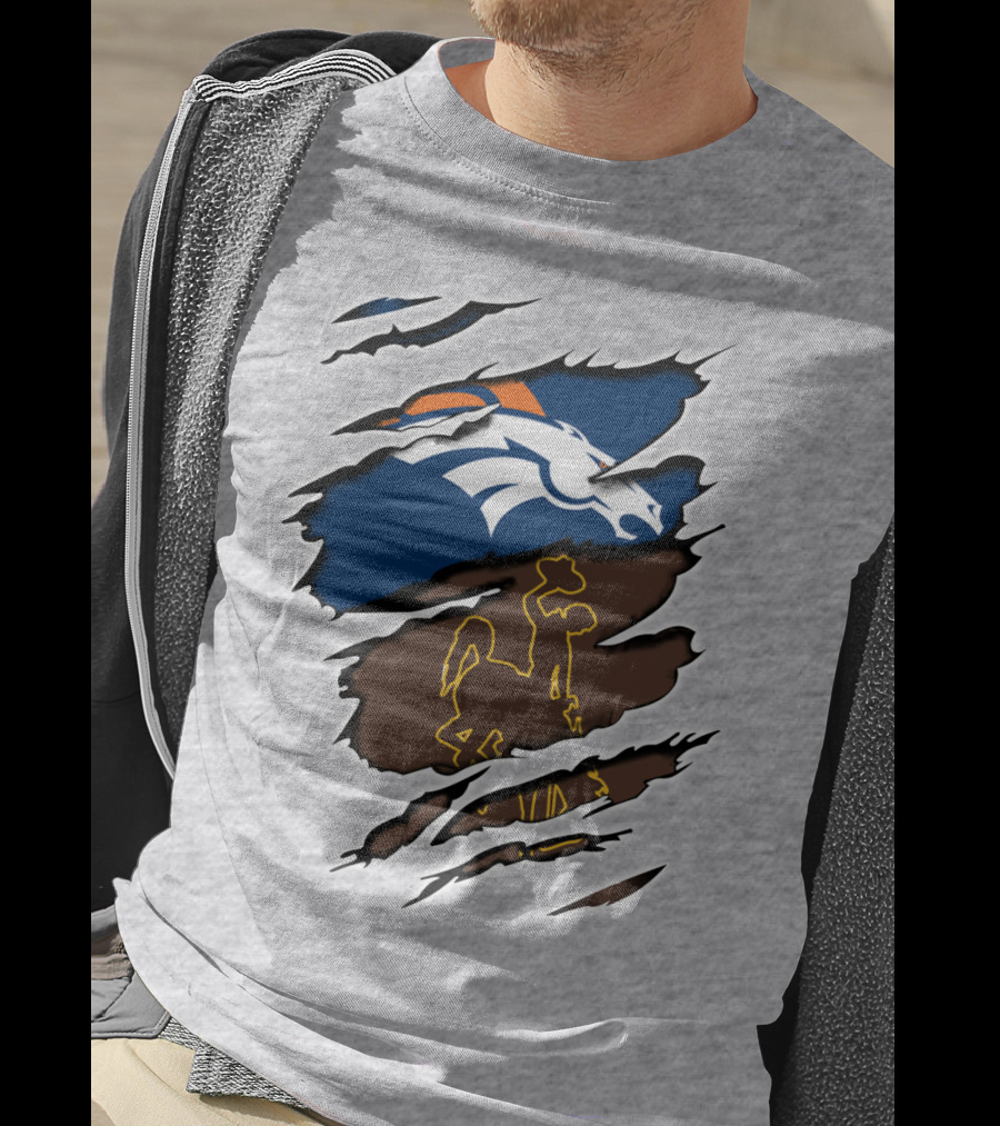 Denver Broncos And Wyoming Cowboys Ripped T-Shirt