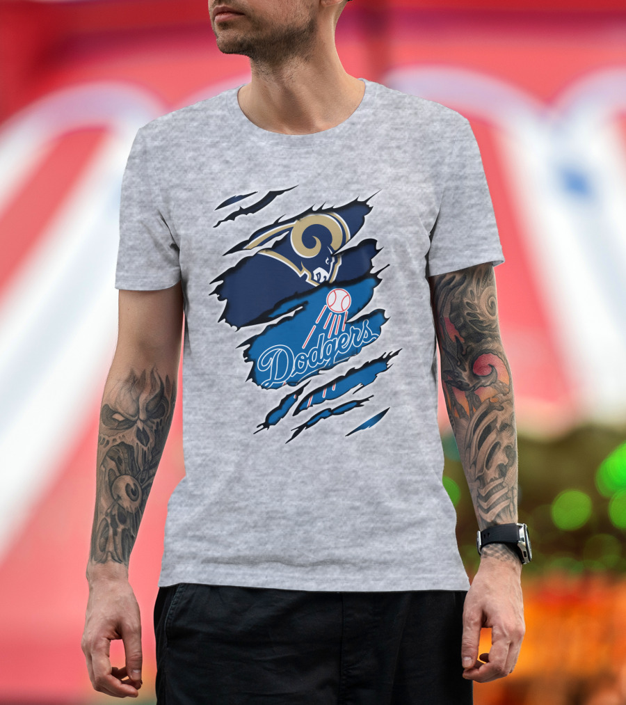 Rams Dodgers Scratch Tear Logo Crossover Fusion T-Shirt