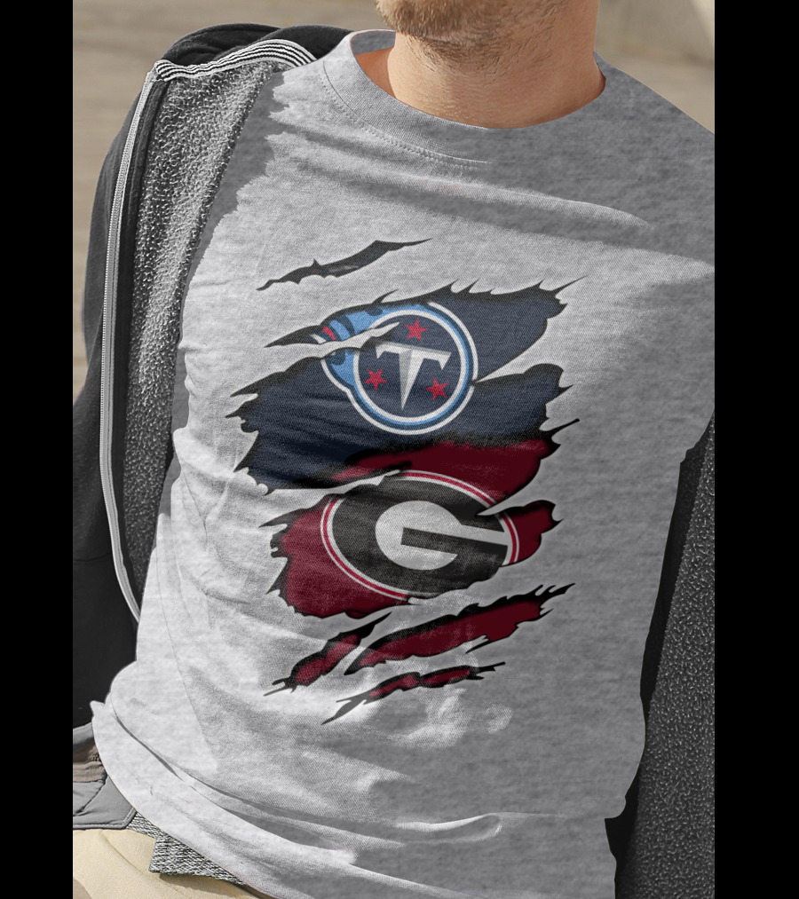 Tennessee Titans Georgia Bulldogs Claw Marks Fusion Logo With Team Icons And Colors T-Shirt