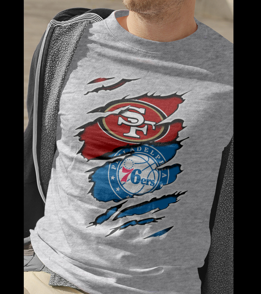 49Ers Sf 76Ers Philadelphia Logos IN Scratched T-Shirt