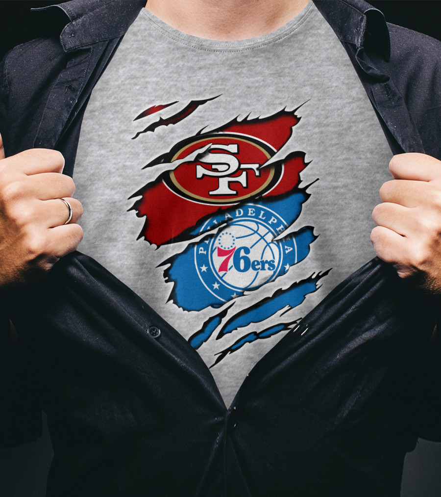 49Ers Sf 76Ers Philadelphia Logos IN Scratched T-Shirt