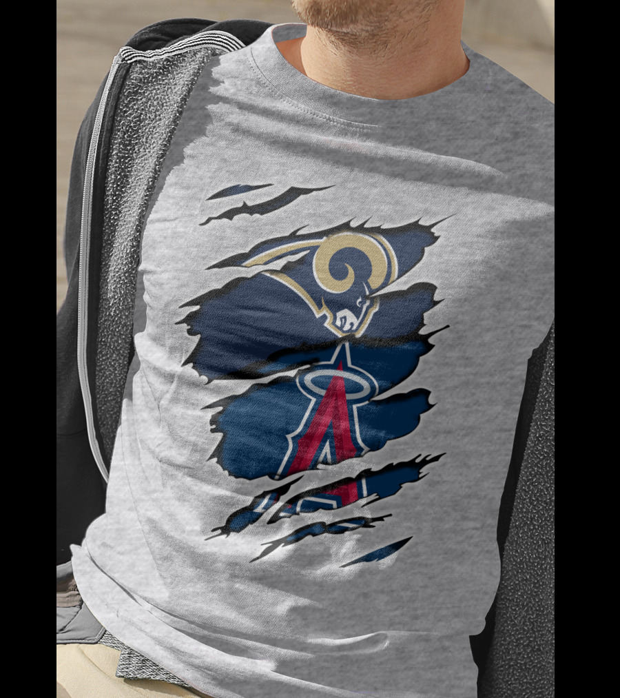 Rams Angels Rams Angles Logo Mashup On Ripped Blue Background T-Shirt