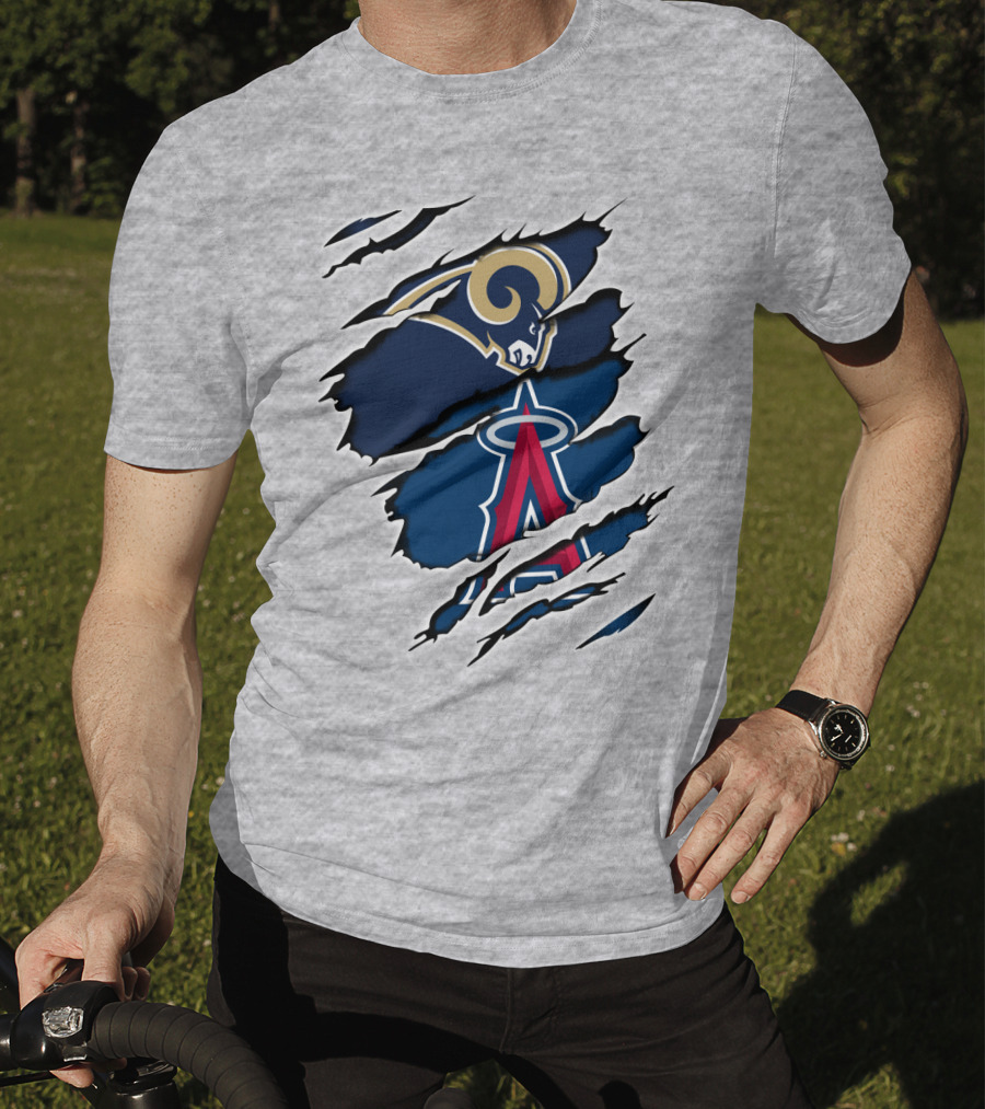 Rams Angels Rams Angles Logo Mashup On Ripped Blue Background T-Shirt