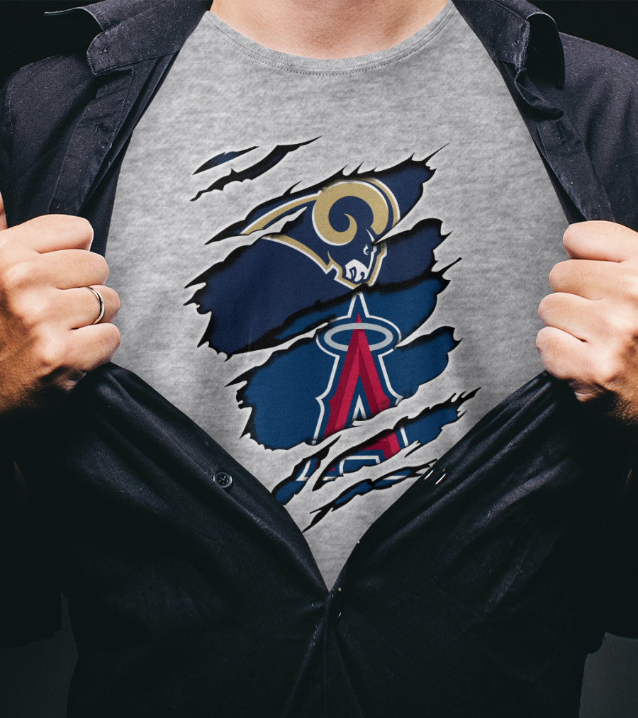 Rams Angels Rams Angles Logo Mashup On Ripped Blue Background T-Shirt