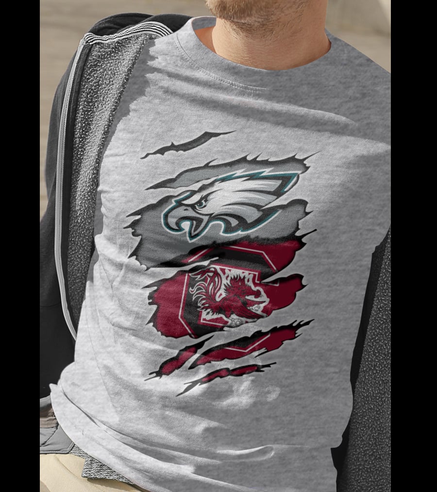 Eagles Gamecocks Logo Clash On Ripped Grey Background T-Shirt