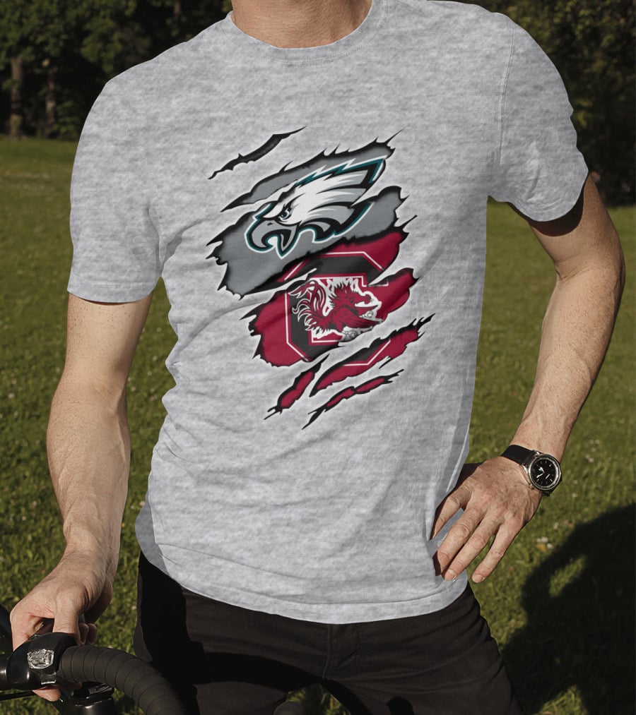 Eagles Gamecocks Logo Clash On Ripped Grey Background T-Shirt