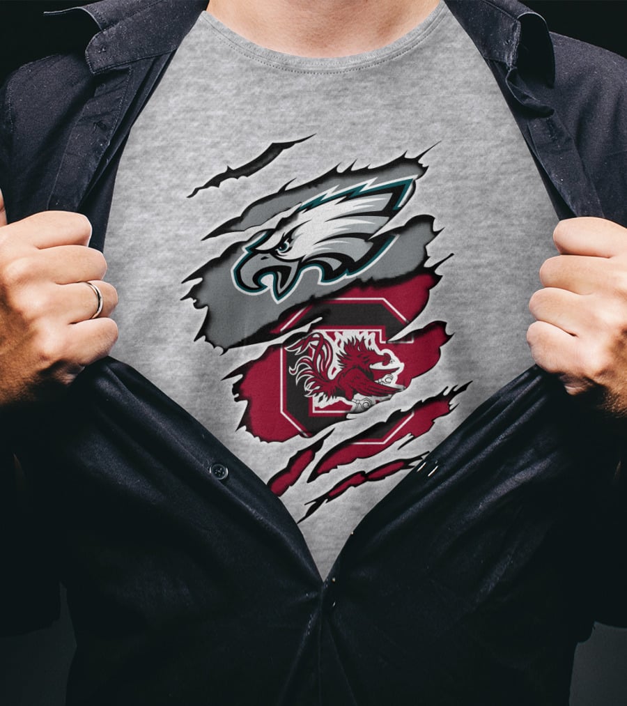 Eagles Gamecocks Logo Clash On Ripped Grey Background T-Shirt