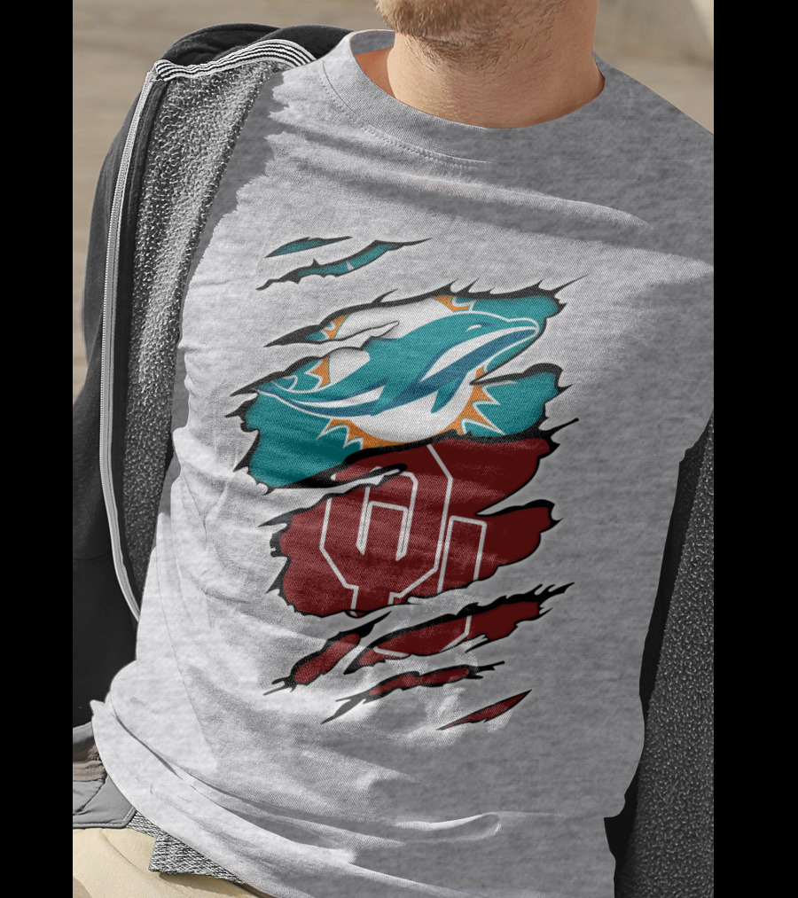 Miami Dolphins Oklahoma Sooners Teal Aqua Crimson Red Blend T-Shirt