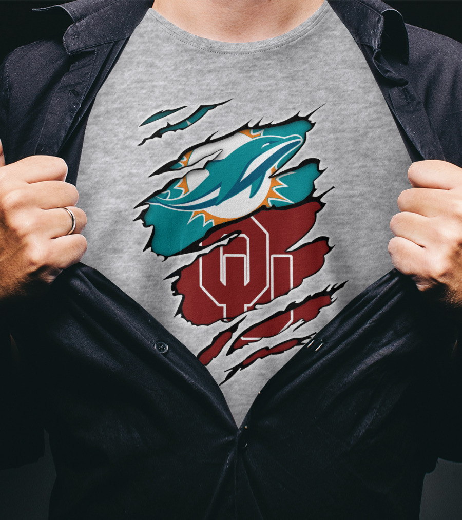 Miami Dolphins Oklahoma Sooners Teal Aqua Crimson Red Blend T-Shirt