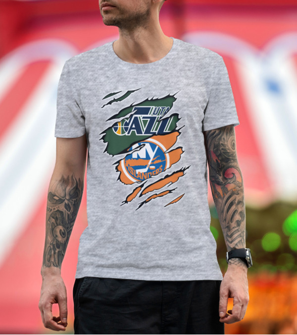 Premium T-Shirt: Utah Jazz NY Islanders Team Spirit Collaboration T-Shirt Utah Jazz NY Islanders Team Spirit Collaboration T-Shirt