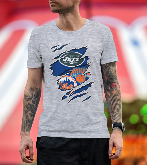 Premium T-Shirt: New York Jets Mets Knicks Logo Fusion NFL MLB NBA Team Pride T-Shirt New York Jets Mets Knicks Logo Fusion NFL MLB NBA Team Pride T-Shirt