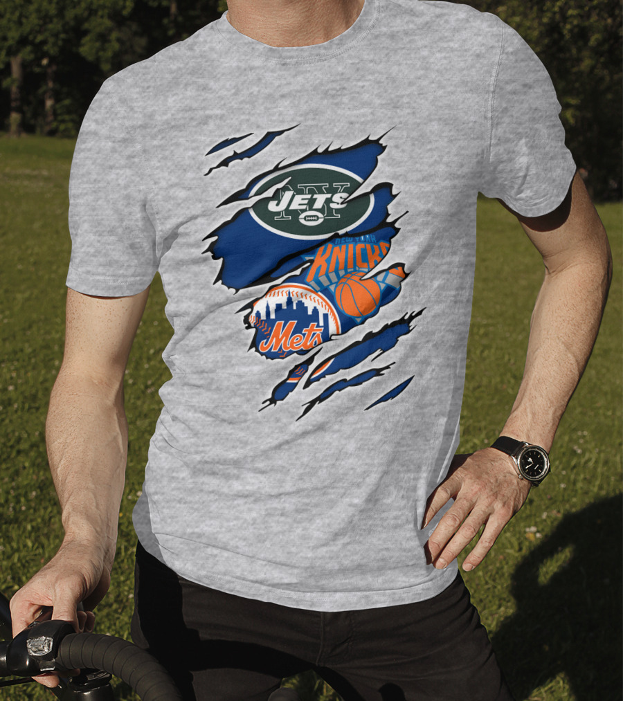 New York Jets Mets Knicks Logo Fusion NFL MLB NBA Team Pride T-Shirt