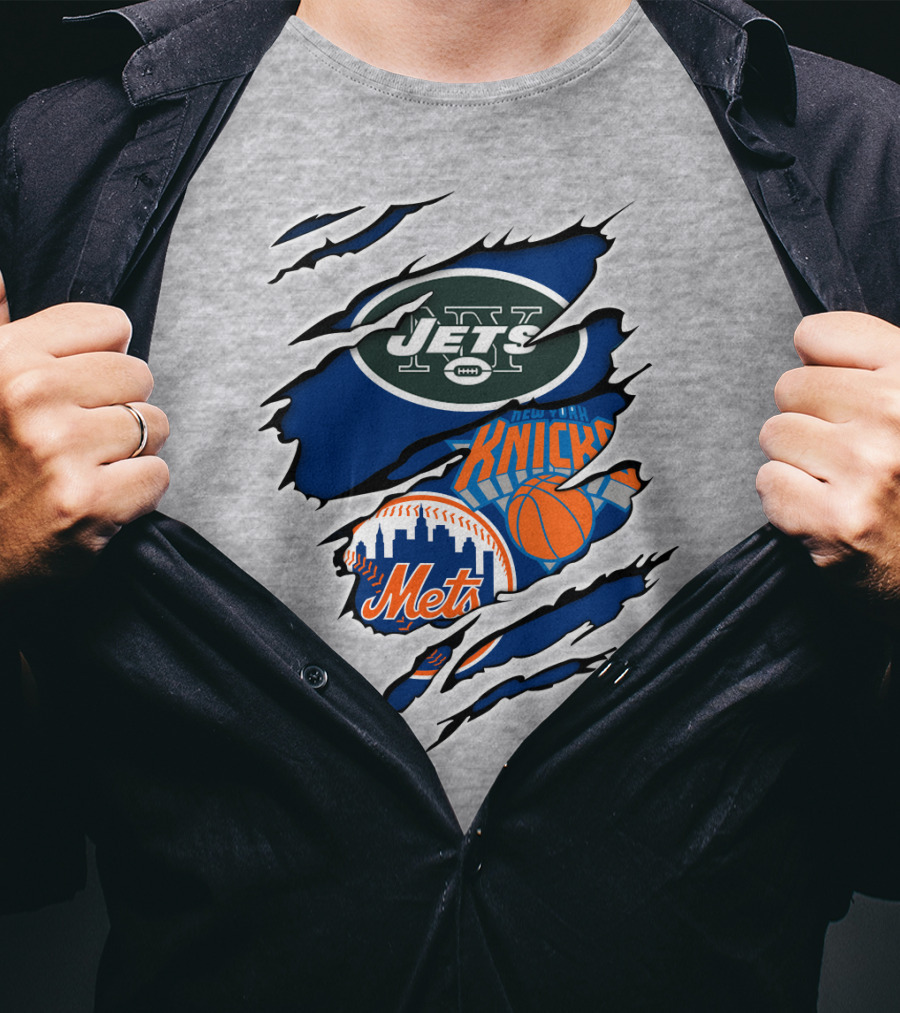 New York Jets Mets Knicks Logo Fusion NFL MLB NBA Team Pride T-Shirt