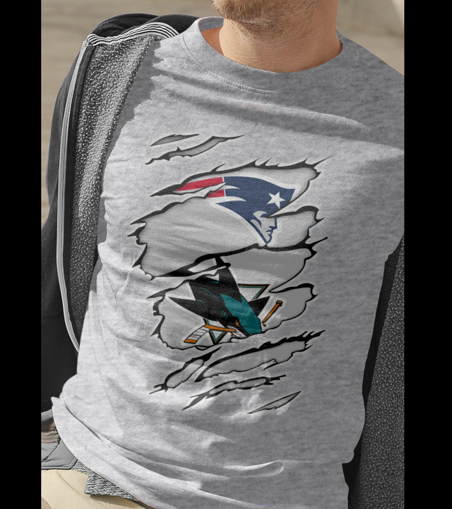 New England Patriots San Jose Sharks Ripped Tear T-Shirt