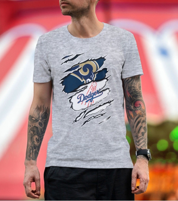 Premium T-Shirt: Dodger and Ram Logo Fusion Tearing Effect T-Shirt Dodger and Ram Logo Fusion Tearing Effect T-Shirt