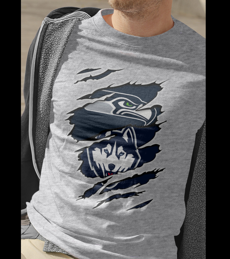 Seahawks Huskies Logo Mashup Aggressive Ripped T-Shirt
