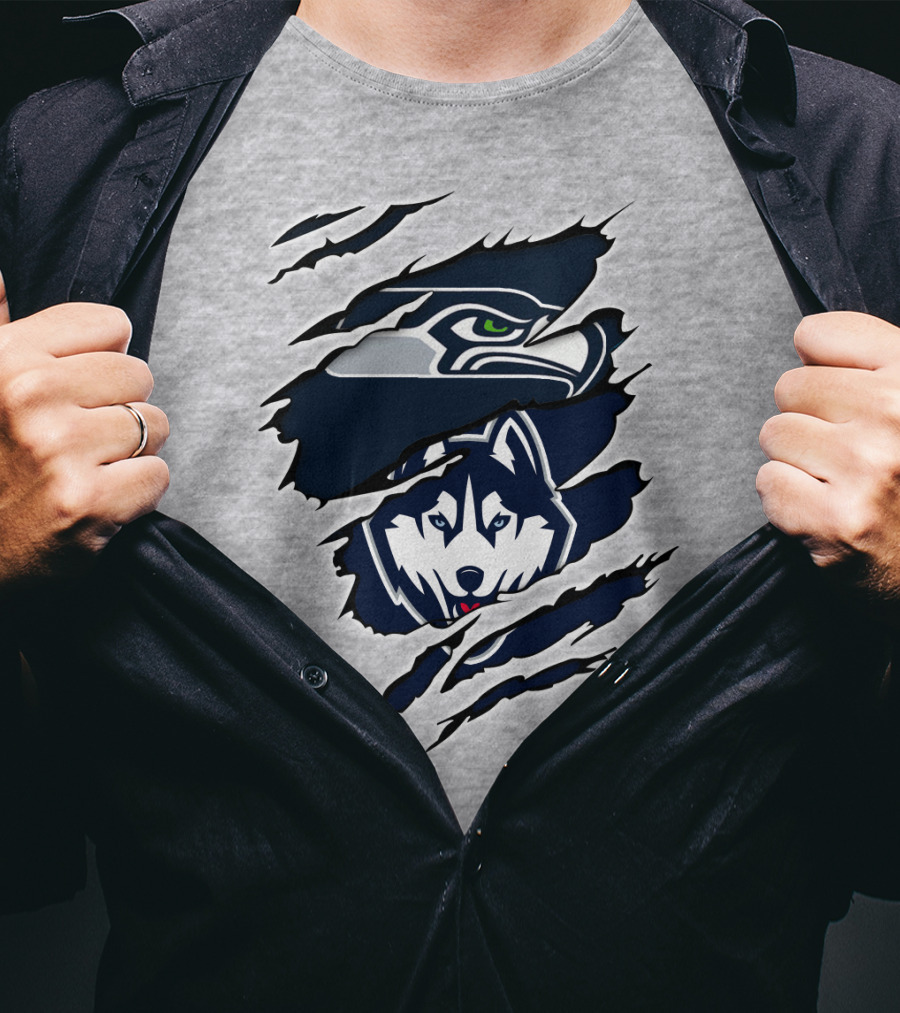 Seahawks Huskies Logo Mashup Aggressive Ripped T-Shirt