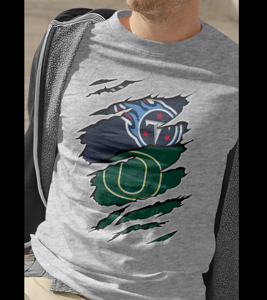 Tennessee Titans And Oregon Ducks Ripped Logo Claw Marks T-Shirt