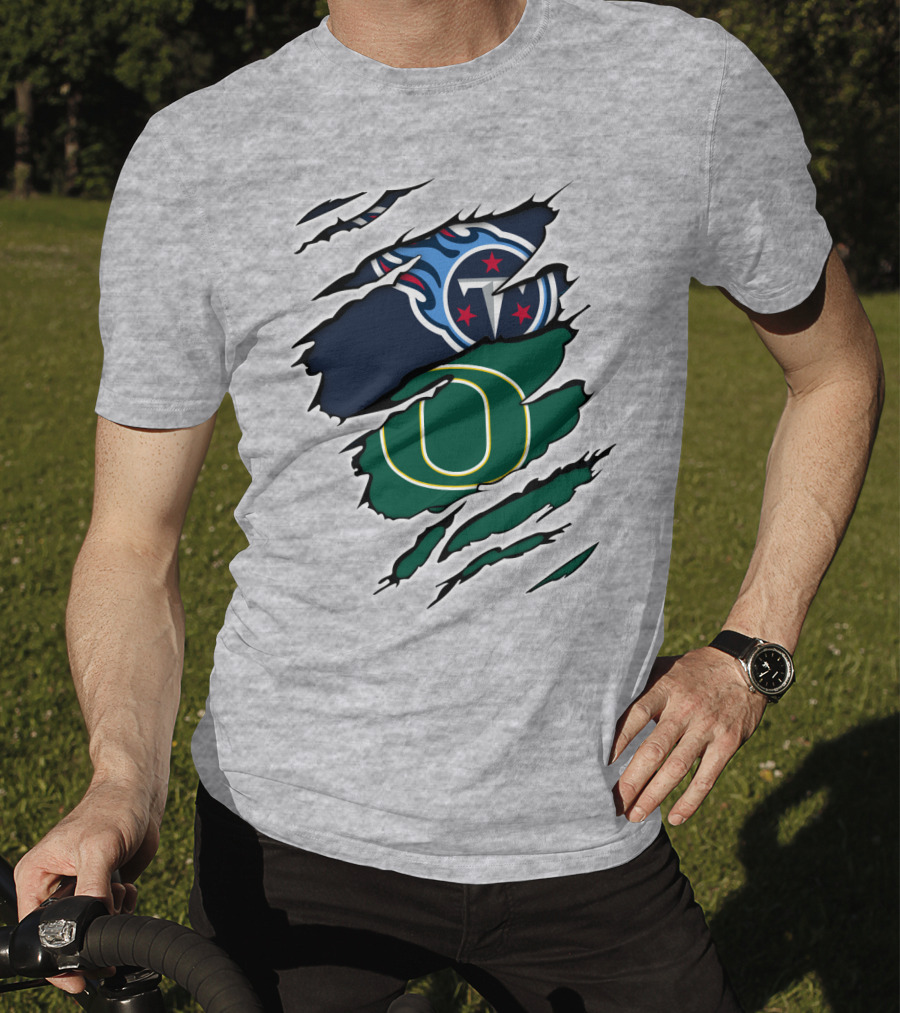 Tennessee Titans And Oregon Ducks Ripped Logo Claw Marks T-Shirt