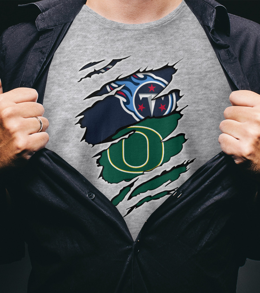 Tennessee Titans And Oregon Ducks Ripped Logo Claw Marks T-Shirt