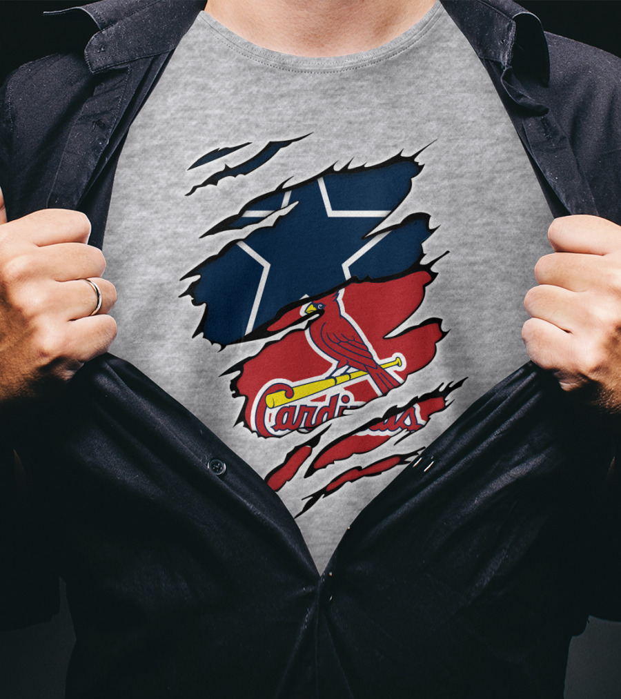 Cowboys Cardinals Star And Bird Logos On Torn Background T-Shirt