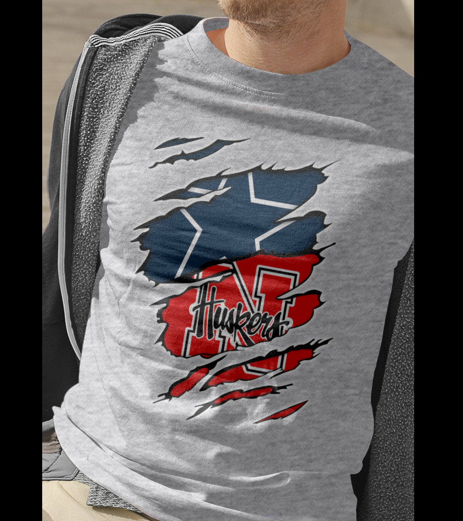 Cowboys Nebraska Huskers N Logo With Star Ripped T-Shirt