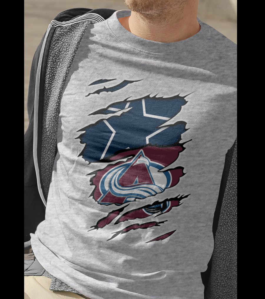 Cowboys And Avalanche Logos Combined Through Torn Fabric T-Shirt