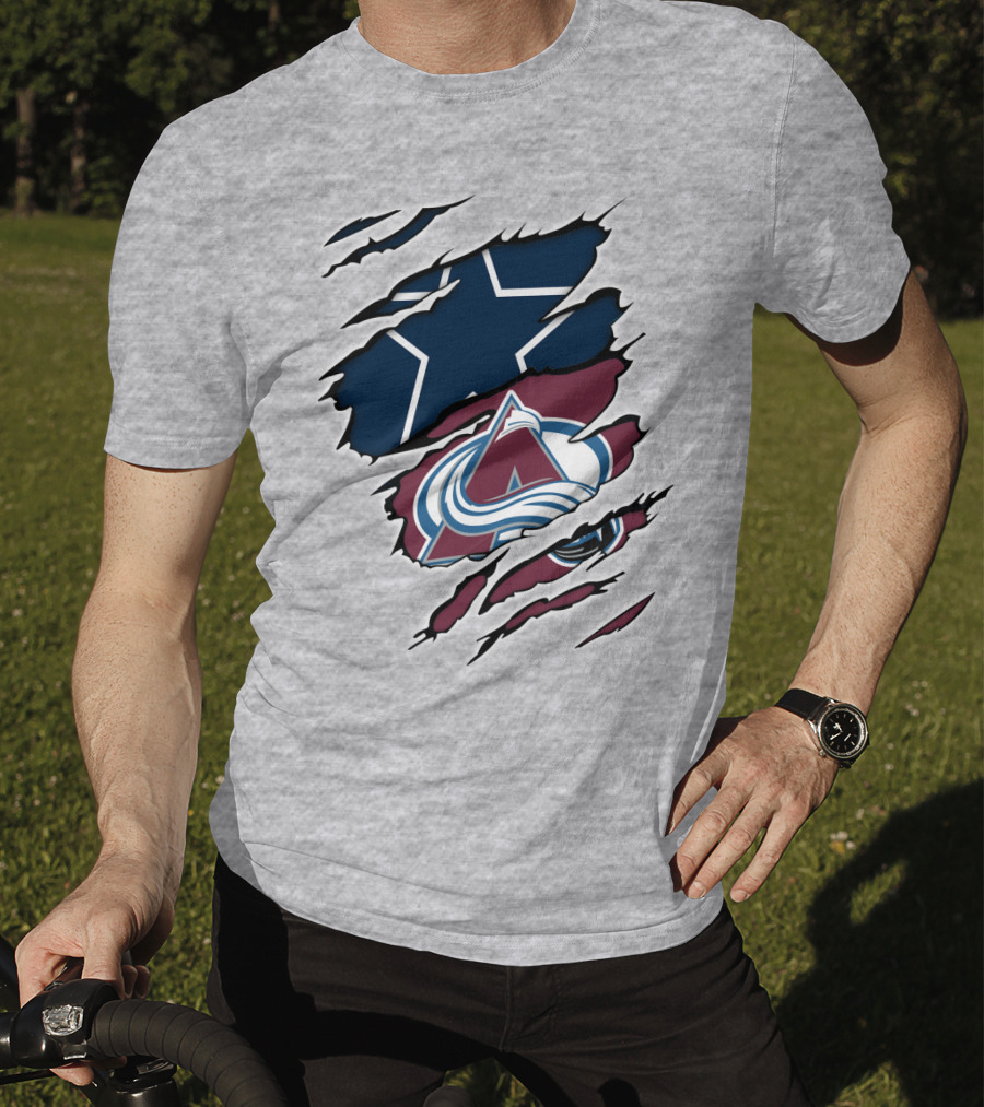 Cowboys And Avalanche Logos Combined Through Torn Fabric T-Shirt