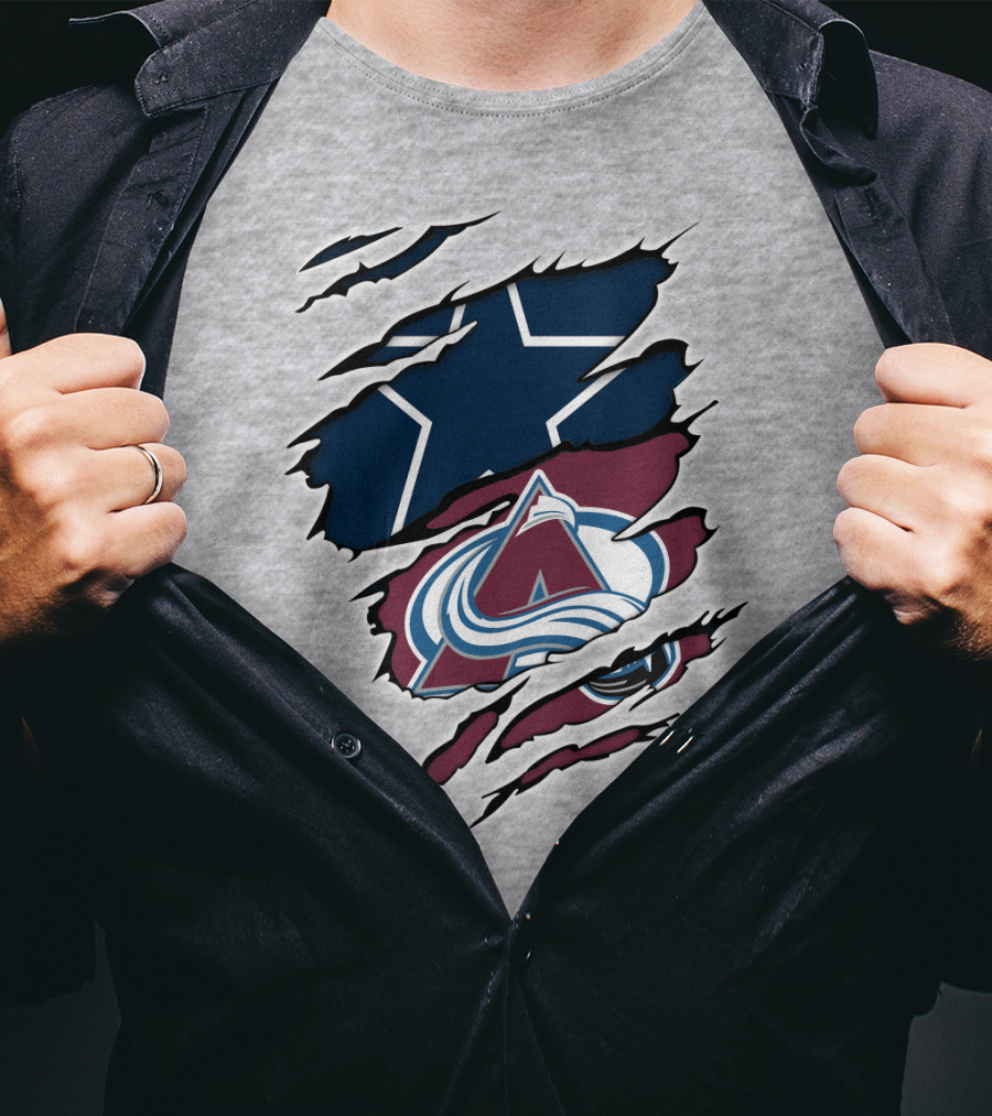 Cowboys And Avalanche Logos Combined Through Torn Fabric T-Shirt