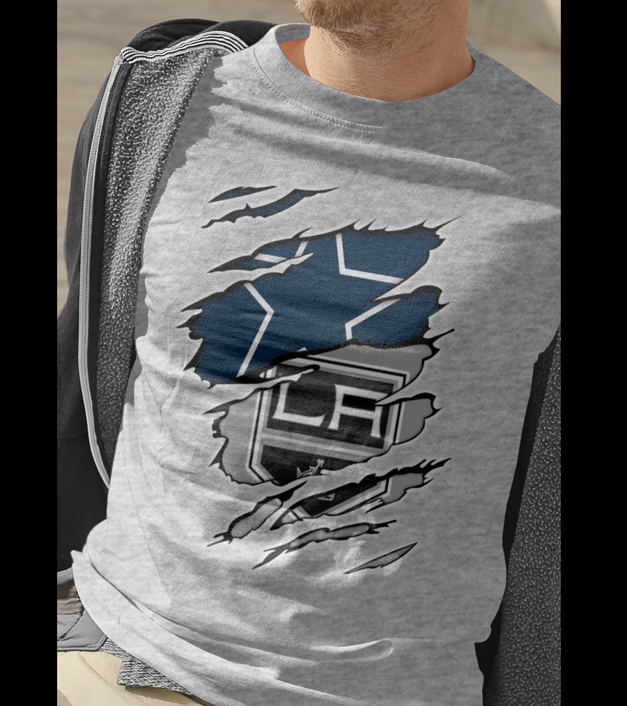 Cowboys Kings LA Logos Behind Torned Blue Star T-Shirt