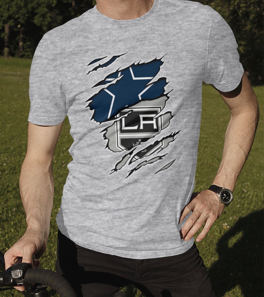 Cowboys Kings LA Logos Behind Torned Blue Star T-Shirt