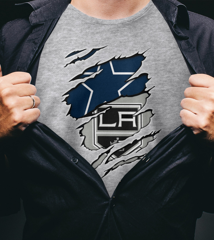 Cowboys Kings LA Logos Behind Torned Blue Star T-Shirt