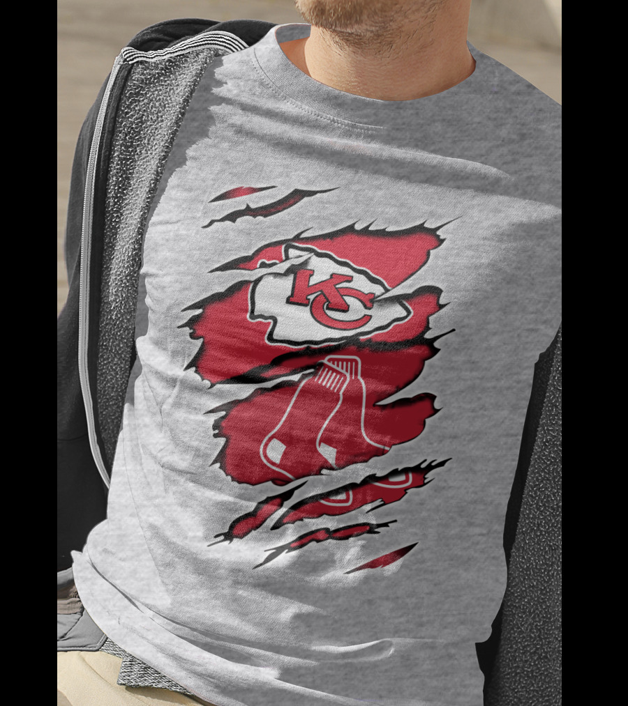 Chiefs Redsox KC Logo And Sox Emblem Torn T-Shirt