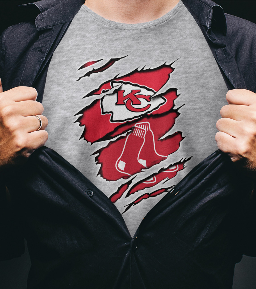 Chiefs Redsox KC Logo And Sox Emblem Torn T-Shirt