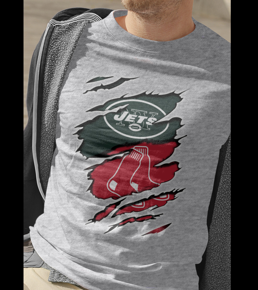 Jets Redsox Torn Logos Green Football Red Socks T-Shirt