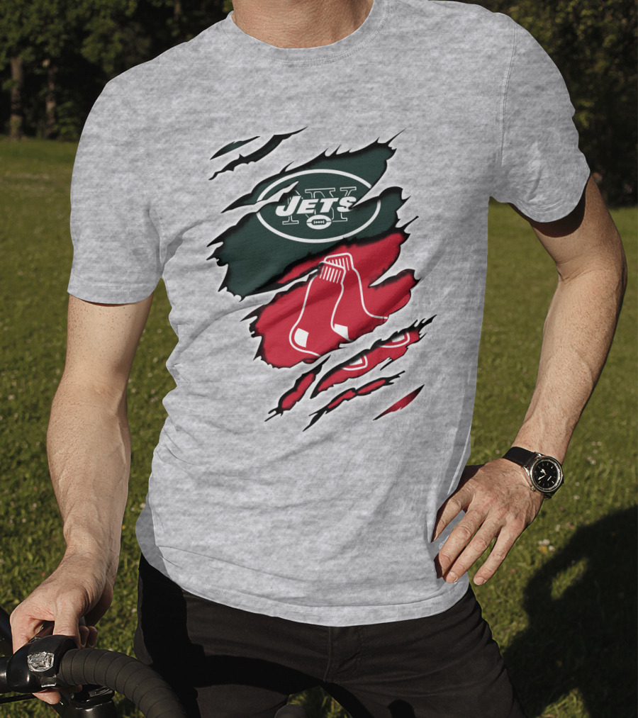 Jets Redsox Torn Logos Green Football Red Socks T-Shirt