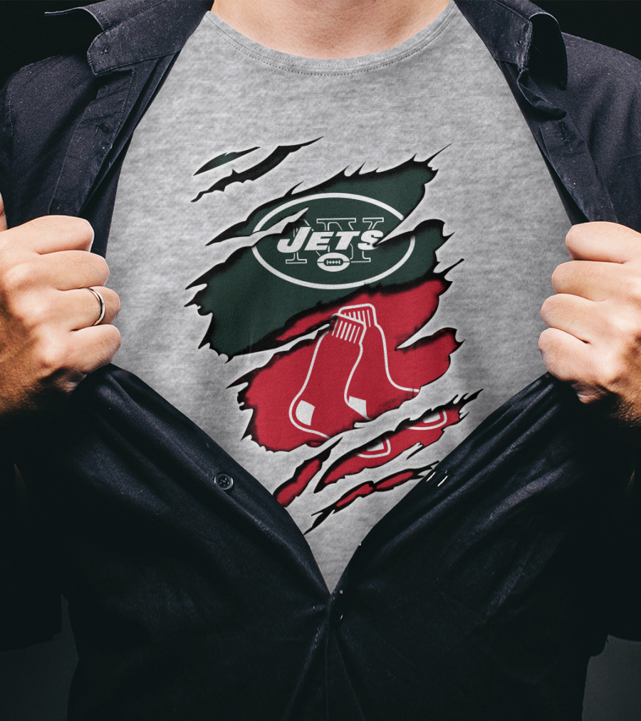 Jets Redsox Torn Logos Green Football Red Socks T-Shirt