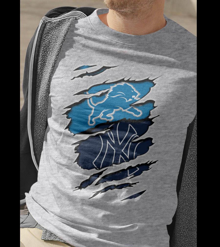 Detroit Lions And New York Yankees Ripped Claw T-Shirt